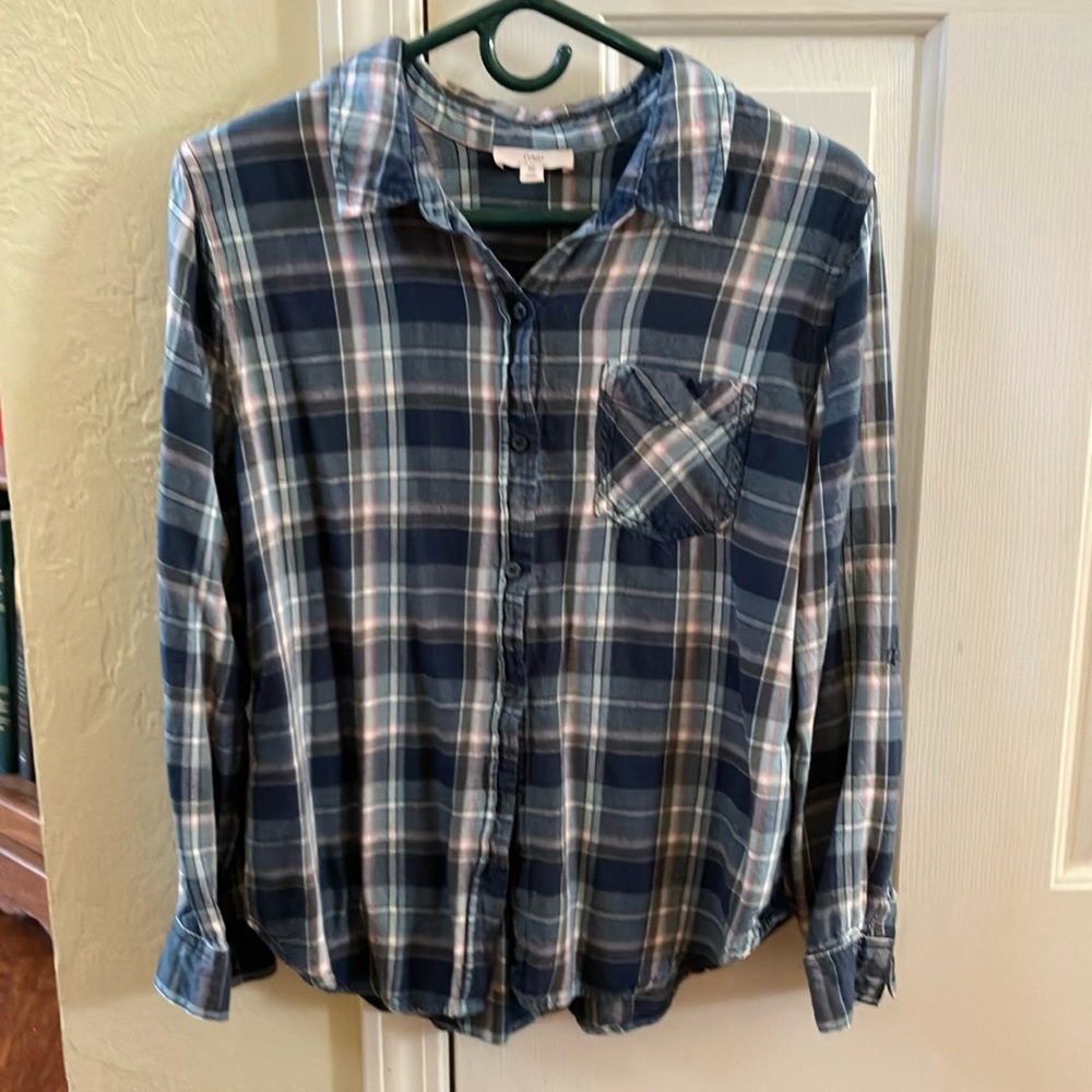 Como Vintage 100% Rayon Button Plaid Long Sleeved Shirt Blue, Aqua, Khaki, Pink